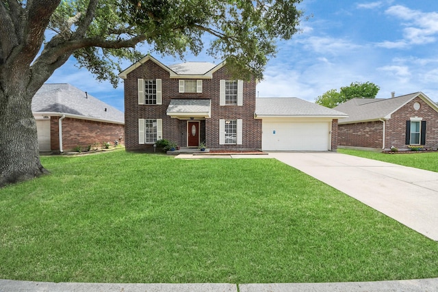 6102 Ghana Ln, Pasadena, TX 77505 - traditional-style house with concrete driveway, brick siding, an attached garage, and a front lawn