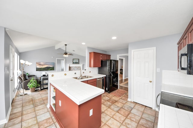 6102 Ghana Ln, Pasadena, TX 77505 - kitchen featuring black appliances, a peninsula, tile countertops, a sink, and a ceiling fan
