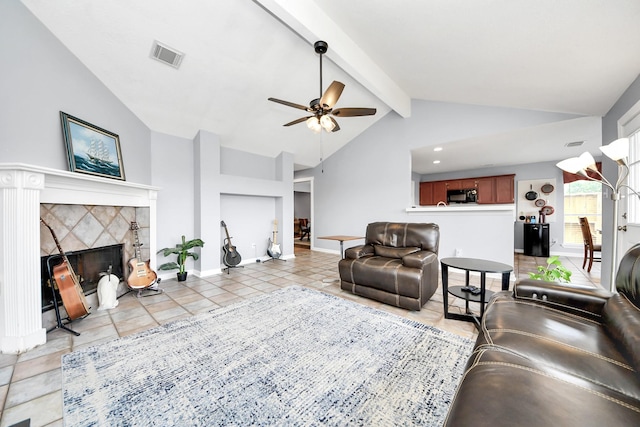 6102 Ghana Ln, Pasadena, TX 77505 - living area with ceiling fan, light tile patterned floors, a tile fireplace, baseboards, and recessed lighting