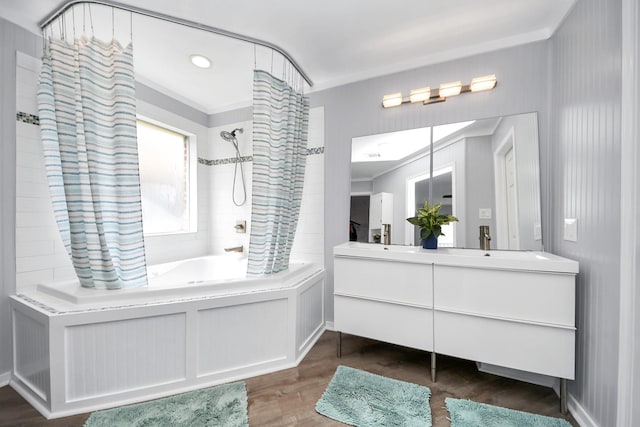 6102 Ghana Ln, Pasadena, TX 77505 - full bathroom with shower / tub combo, wood finished floors, double vanity, and ornamental molding