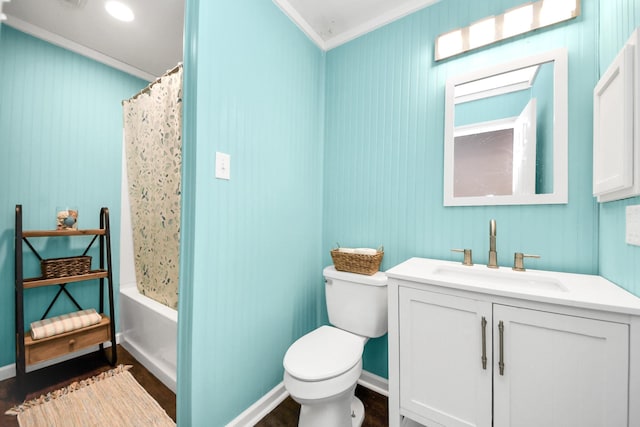 6102 Ghana Ln, Pasadena, TX 77505 - bathroom with crown molding, toilet, vanity, wood finished floors, and shower / tub combo