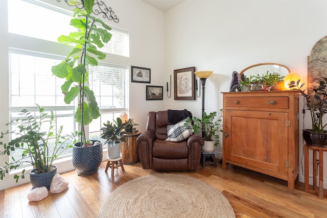 sitting room featuring light wood-style floors and a towering ceiling