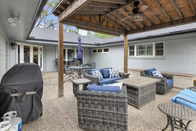view of patio with outdoor lounge area, grilling area, french doors, a ceiling fan, and outdoor dining space