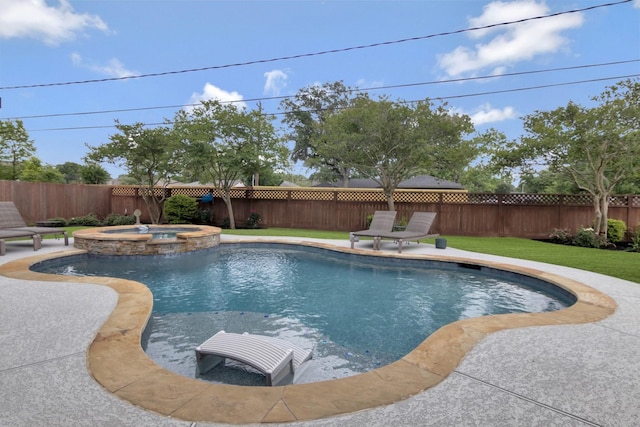 view of swimming pool with a lawn, a pool with connected hot tub, and a fenced backyard