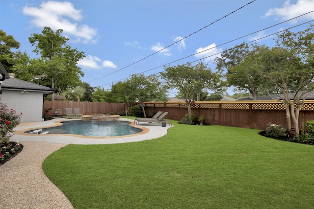view of yard featuring a patio, a fenced backyard, and a pool with connected hot tub