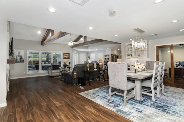 dining area with visible vents, wood finished floors, baseboards, recessed lighting, and lofted ceiling with beams