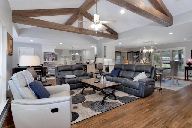 living room featuring recessed lighting, vaulted ceiling with beams, ceiling fan with notable chandelier, and wood finished floors