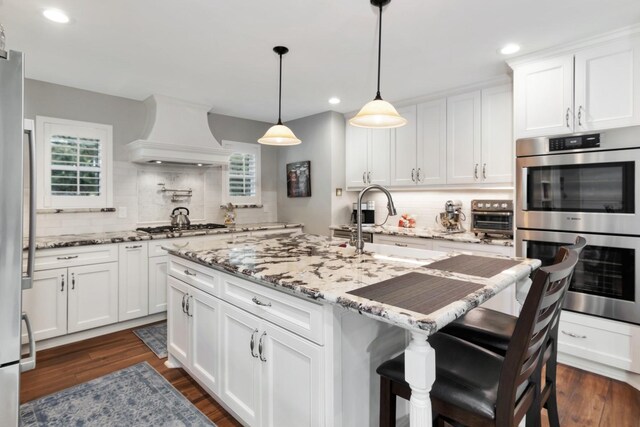kitchen with plenty of natural light, premium range hood, tasteful backsplash, and stainless steel appliances