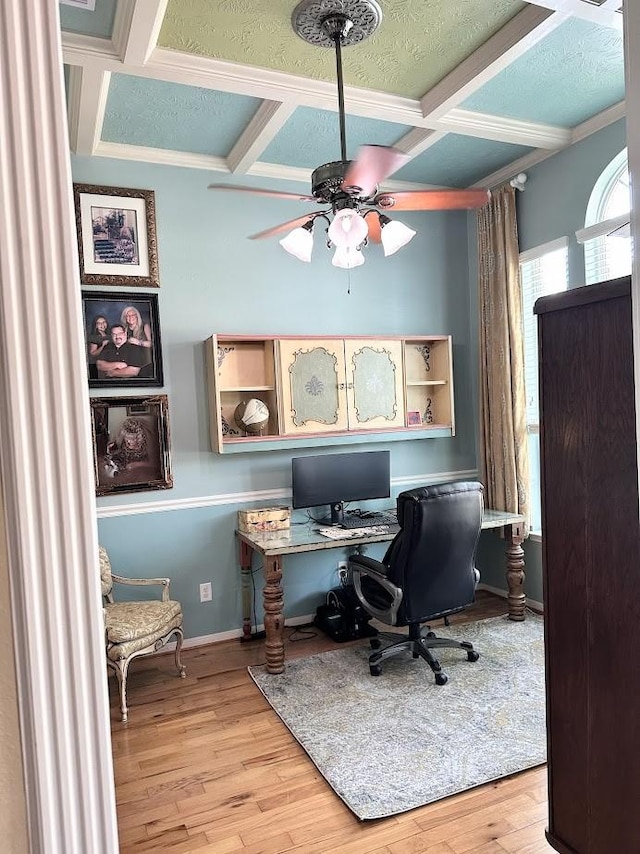 office with ceiling fan, baseboards, wood finished floors, beamed ceiling, and coffered ceiling