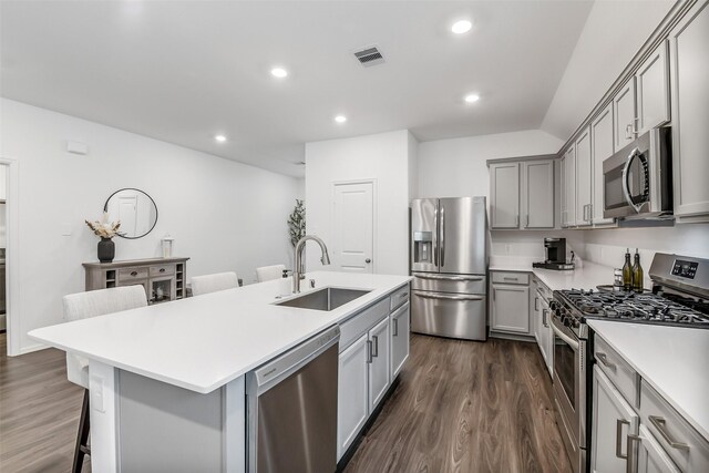 kitchen with visible vents, a sink, gray cabinets, and appliances with stainless steel finishes