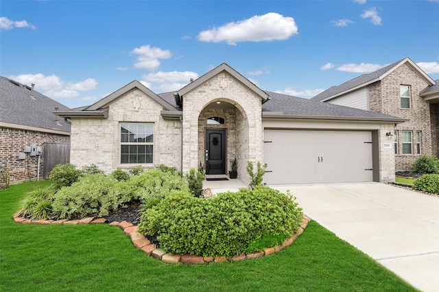 french country inspired facade featuring a garage, a front lawn, brick siding, a shingled roof, and driveway