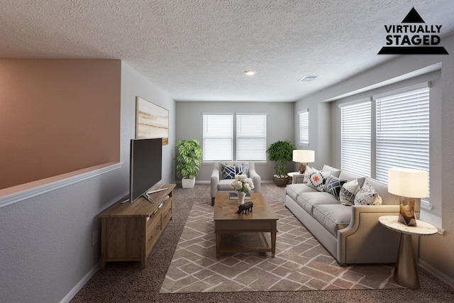 4219 Mossy Banks Ln, Houston, TX 77068 - living room with baseboards, carpet, and a textured ceiling