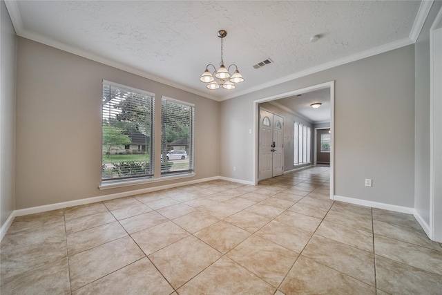 14211 Lakewood Forest Dr, Houston, TX 77070 - unfurnished dining area featuring a textured ceiling, visible vents, crown molding, light tile patterned floors, and a chandelier