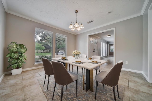 14211 Lakewood Forest Dr, Houston, TX 77070 - dining space featuring visible vents, ornamental molding, baseboards, light tile patterned floors, and a notable chandelier