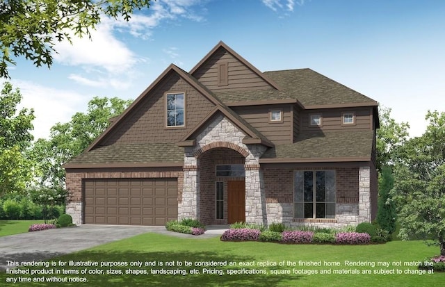 craftsman-style house featuring driveway, roof with shingles, a front yard, a garage, and stone siding