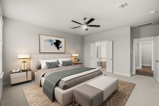 bedroom with a ceiling fan, baseboards, visible vents, and light carpet