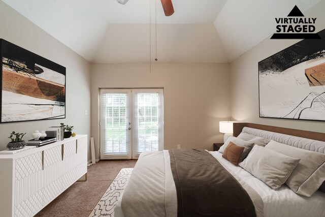 18927 Sandia Pines Dr, Humble, TX 77346 - bedroom with access to exterior, light carpet, vaulted ceiling, and a ceiling fan