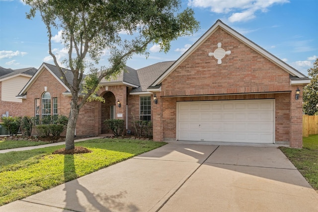 2126 Fortuna Bella Dr, Pearland, TX 77581 - traditional-style house with an attached garage, driveway, a front lawn, and brick siding