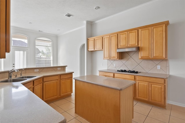 2126 Fortuna Bella Dr, Pearland, TX 77581 - kitchen with arched walkways, a sink, visible vents, and light tile patterned floors