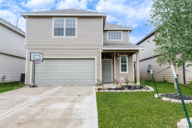 traditional home with roof with shingles, driveway, a front yard, and a garage