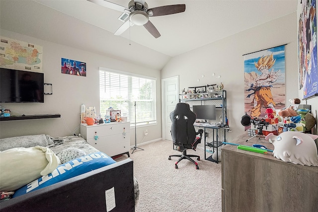 carpeted bedroom featuring baseboards, a ceiling fan, and lofted ceiling