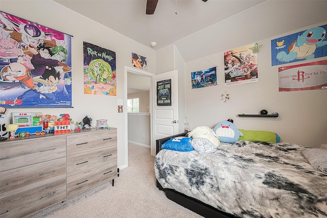 bedroom featuring a ceiling fan, baseboards, and carpet