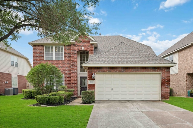 traditional home featuring roof with shingles, a garage, brick siding, a front lawn, and concrete driveway