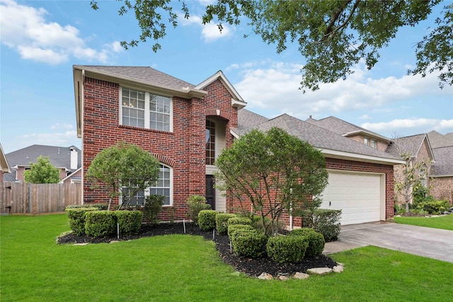 traditional home featuring concrete driveway, brick siding, an attached garage, and fence