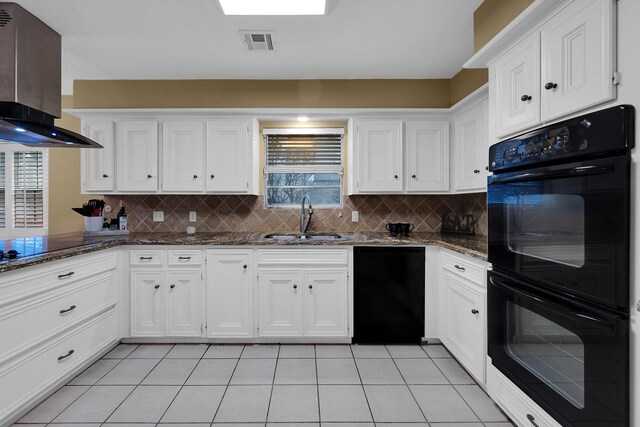 11827 Normont Dr, Houston, TX 77070 - kitchen featuring black appliances, ventilation hood, a sink, white cabinets, and tasteful backsplash