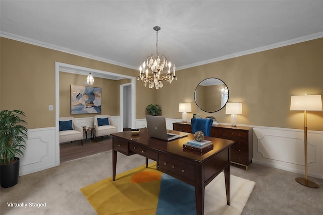 office featuring crown molding, wainscoting, a chandelier, and light colored carpet