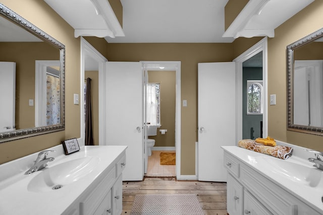 full bathroom featuring toilet, two vanities, a sink, and wood finished floors