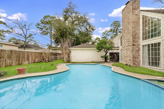 view of pool featuring a fenced in pool, a lawn, and a fenced backyard