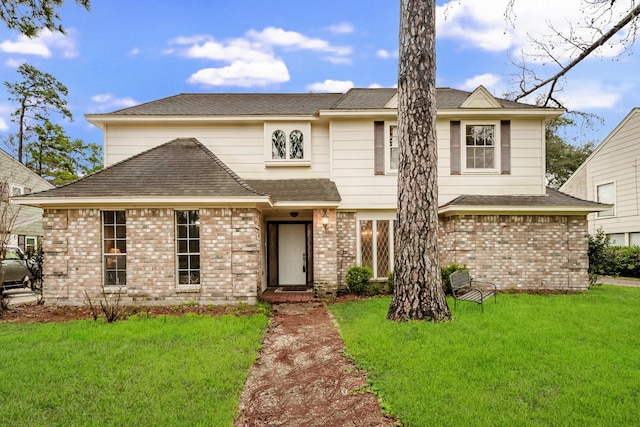 traditional-style house featuring roof with shingles, brick siding, and a front yard
