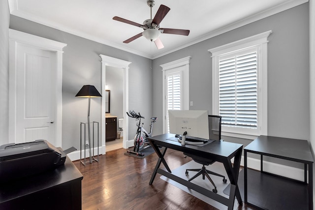 358 W 26th St, Houston, TX 77008 - office with crown molding, baseboards, ceiling fan, and dark wood-type flooring