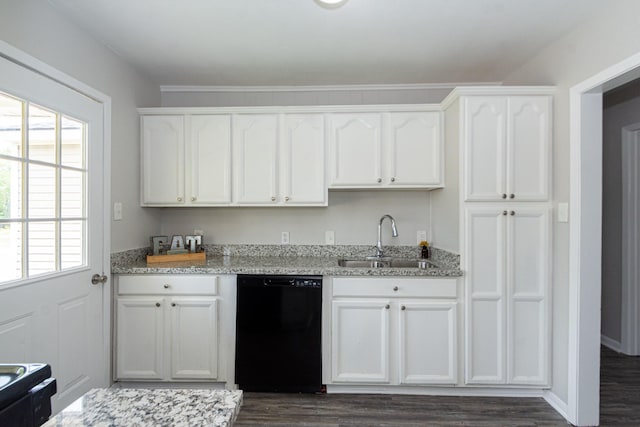 kitchen with a sink, black appliances, dark wood finished floors, and white cabinetry