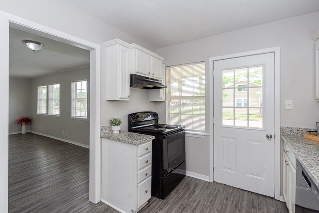 kitchen featuring dark wood finished floors, black electric range oven, white cabinetry, baseboards, and under cabinet range hood