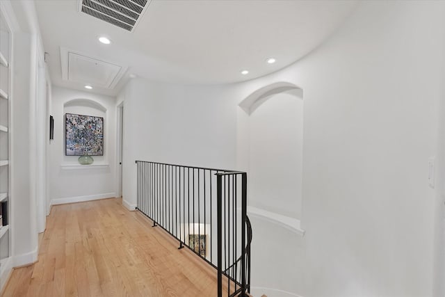919 Worthshire St, Houston, TX 77008 - corridor featuring attic access, recessed lighting, an upstairs landing, light wood finished floors, and baseboards