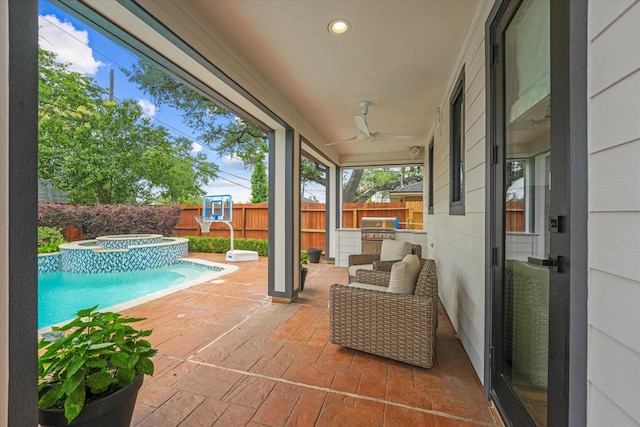 919 Worthshire St, Houston, TX 77008 - view of patio with a fenced backyard, area for grilling, an outdoor kitchen, and a pool with connected hot tub
