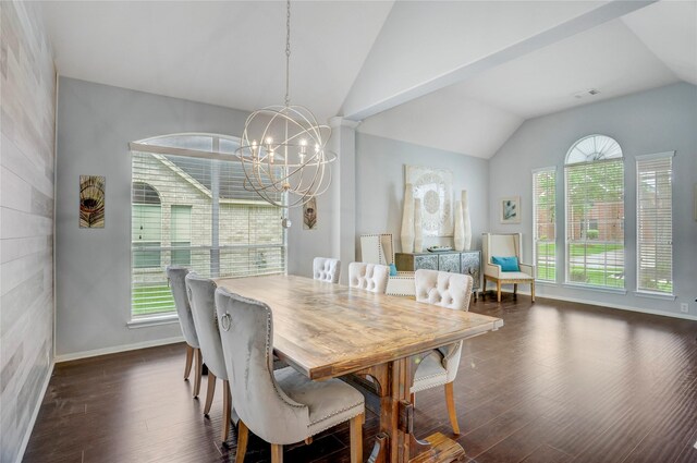 dining room with baseboards, dark wood-style flooring, a chandelier, and vaulted ceiling