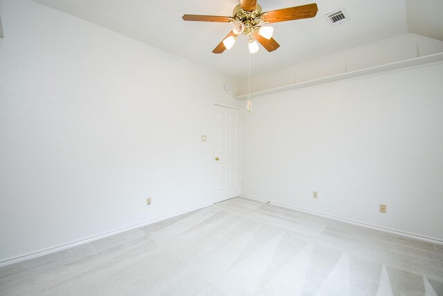 unfurnished room featuring visible vents, baseboards, ceiling fan, and light carpet