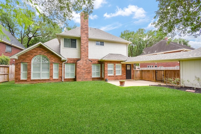 6007 Gideon Ct, Sugar Land, TX 77479 - rear view of property with fence, a chimney, a shingled roof, a patio area, and a lawn