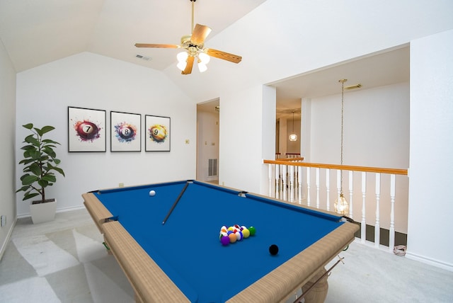 6007 Gideon Ct, Sugar Land, TX 77479 - rec room with billiards, a ceiling fan, visible vents, baseboards, and lofted ceiling