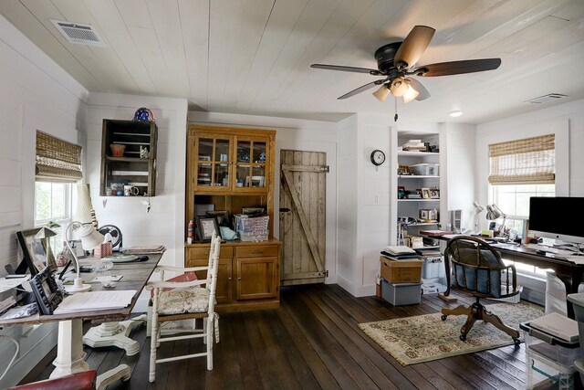 office space with ceiling fan, visible vents, wooden ceiling, and dark wood-type flooring