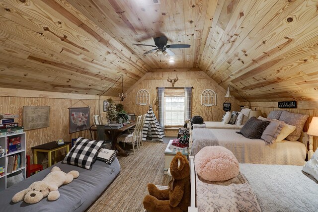 bedroom featuring wooden walls, vaulted ceiling, and wood ceiling