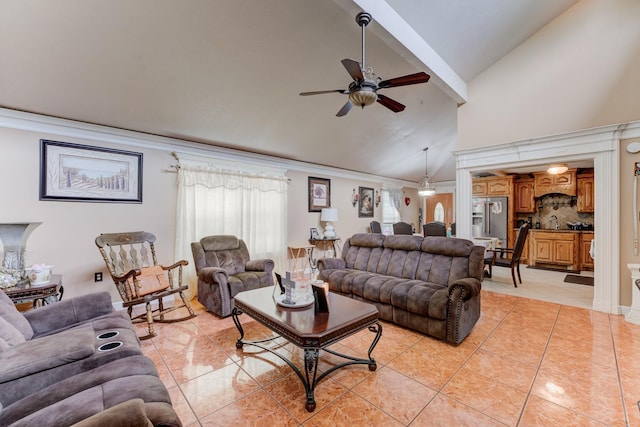 316 Hickman Ln, Angleton, TX 77515 - living area featuring light tile patterned floors, vaulted ceiling with beams, and a ceiling fan