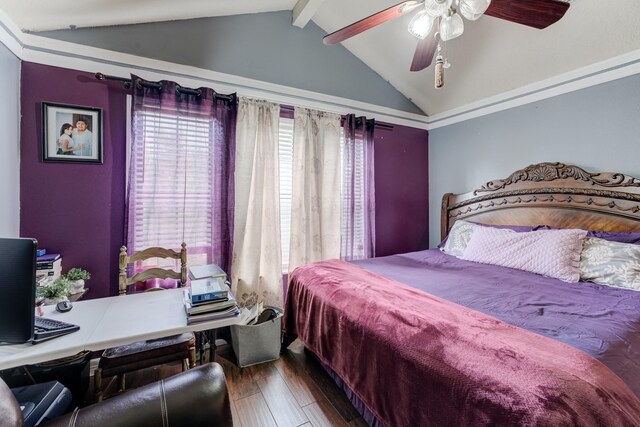 316 Hickman Ln, Angleton, TX 77515 - bedroom featuring ceiling fan, lofted ceiling with beams, and hardwood / wood-style flooring