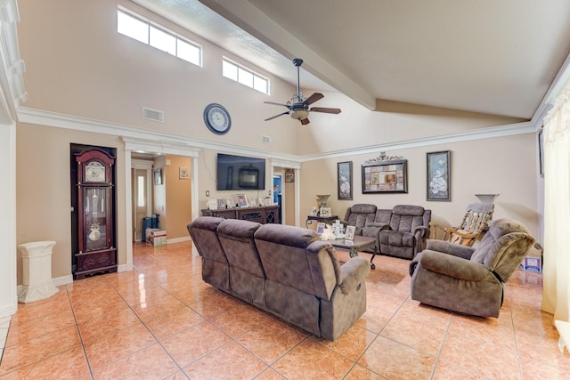 316 Hickman Ln, Angleton, TX 77515 - living room featuring light tile patterned floors, high vaulted ceiling, a ceiling fan, and visible vents