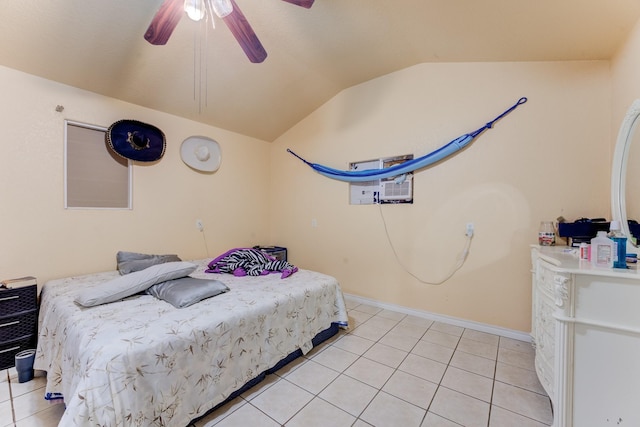 316 Hickman Ln, Angleton, TX 77515 - bedroom with baseboards, light tile patterned floors, lofted ceiling, and ceiling fan