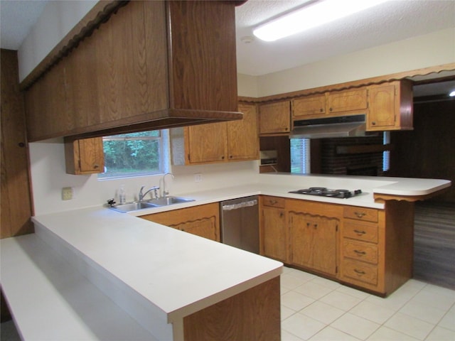 kitchen featuring a sink, black cooktop, stainless steel dishwasher, and a peninsula