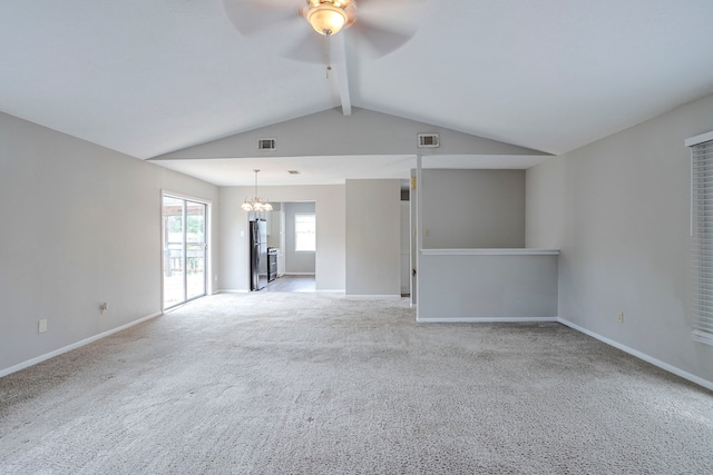 unfurnished room with visible vents, baseboards, ceiling fan with notable chandelier, and carpet floors